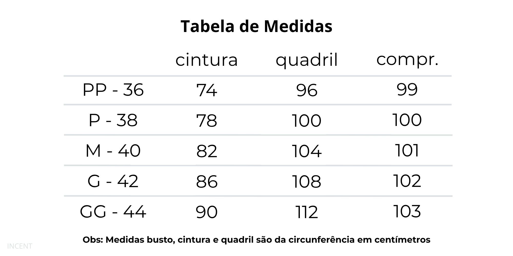 tabela de medidas